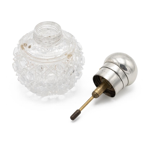 24 - Victorian silver mounted cut glass perfume atomiser of spherical form with hobnail pattern. Indistin... 