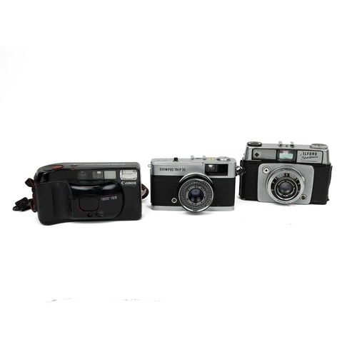 243 - Cameras - Olympus Trip 35 with flash and carry bag, Ilford Sportsman in carry case, Cannon Sureshot ... 