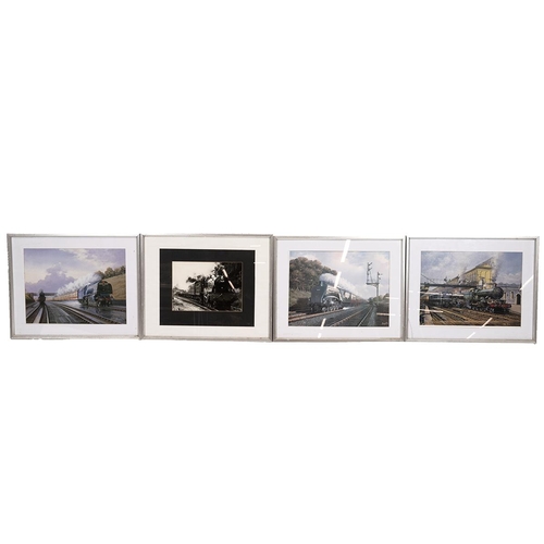 296 - Group of vintage Railway theme prints and photographs in matching aluminium frames. Includes images ... 