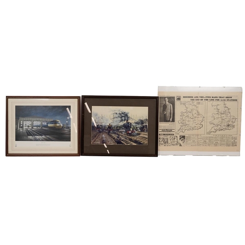 297 - Group of vintage framed Railway themed prints and newspaper. (6). Include Swindon Shed, Night at Lau... 