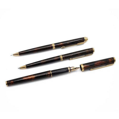 317 - Parker Premier Collection Lacque de Chine three piece writing set comprising fountain pen with 18ct ... 