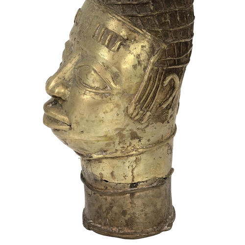 332 - 20th Century Benin brass head of Idia, Queen Mother of the Benin Empire with tall conical latticed h... 