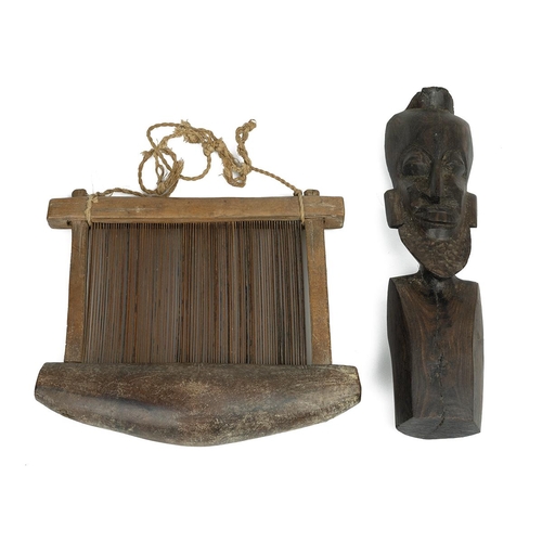 333 - Collection of ebony figurines and a hand loom or heddle, all from Central or West Africa. (9)