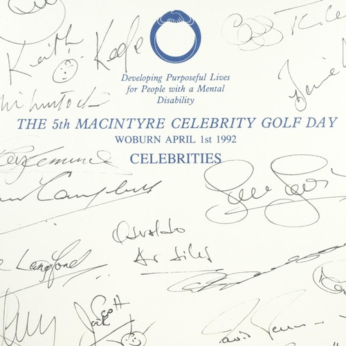 351 - Framed Celebrity Golf Day, Woburn c1992 profusely covered with celebrity autographs. Including Frank... 