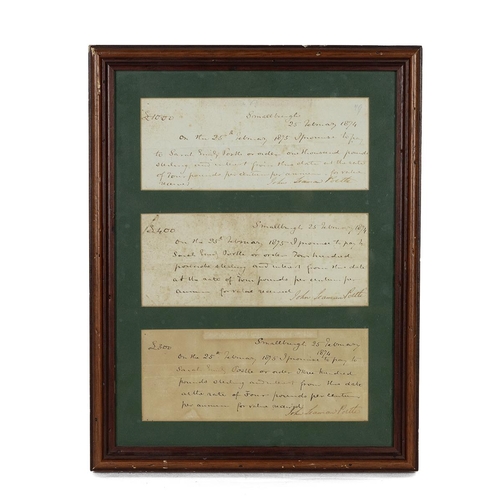 355 - Framed 3x paper 1874 handwritten 'Bill of Promise' each with blind stamp mark and amount of £1000, £... 