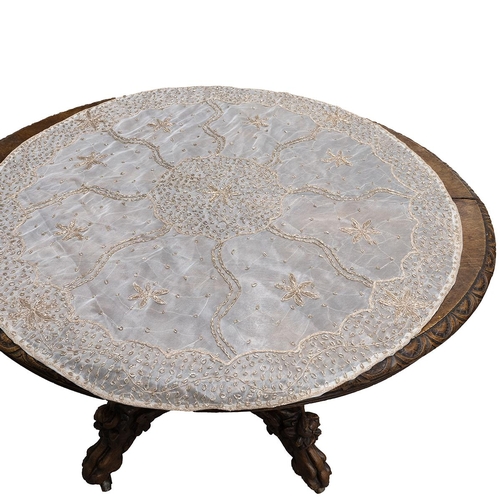 369 - Three Indian wirework, intricately embroidered, table/bed coverings, with silver and gold decoration... 