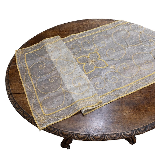 369 - Three Indian wirework, intricately embroidered, table/bed coverings, with silver and gold decoration... 