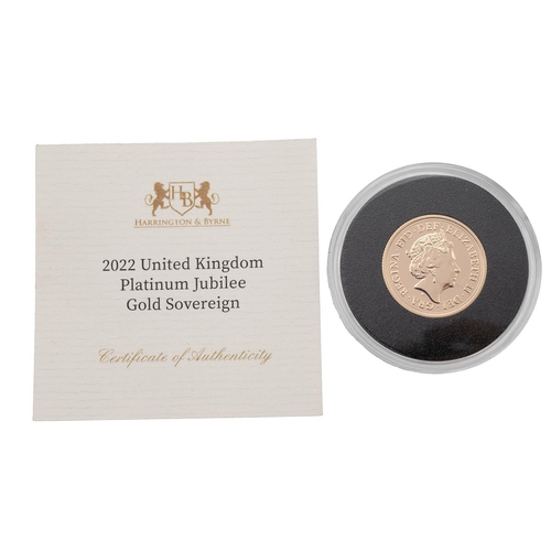 37 - A 2022 full gold platinum jubilee sovereign, in plastic presentation case and a Harrington & Byrne c... 