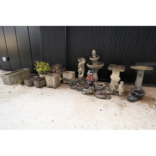 370 - Large group of reconstituted garden pots and ornaments. Including 9x pots, 4x ornaments, 1x cherub, ... 