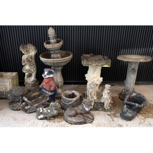 370 - Large group of reconstituted garden pots and ornaments. Including 9x pots, 4x ornaments, 1x cherub, ... 