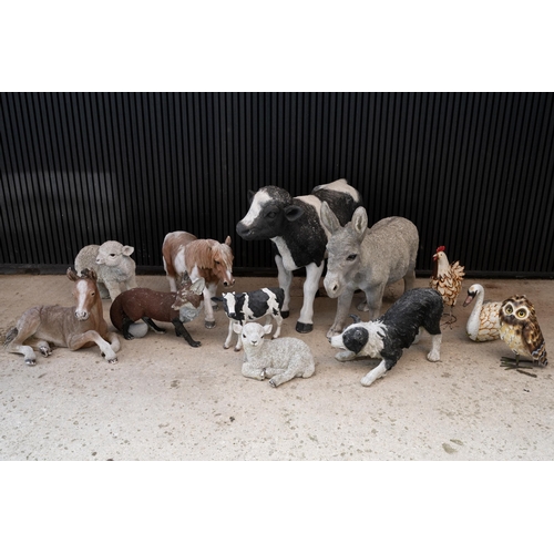 371 - Group of painted resin farm animals to include donkey, horse, cow, lamb, dog and fox. Also 3x painte... 