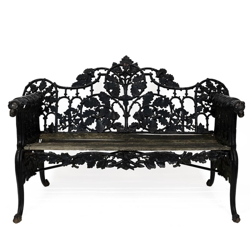 374 - Late 19th Century cast iron Coalbrookdale style 'Oak & Ivy' pattern garden bench. Back support decor... 