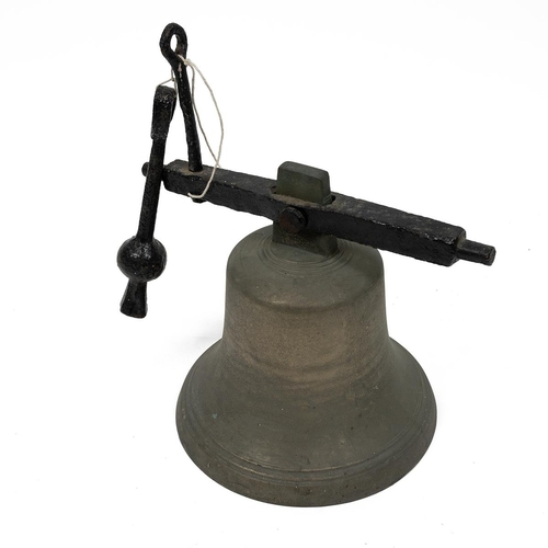 377 - Large bronze school tower bell with clapper on iron lever pull headstock. Weight 11.5kg.