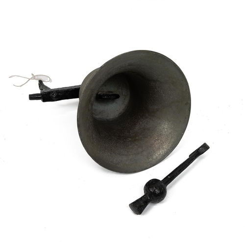 377 - Large bronze school tower bell with clapper on iron lever pull headstock. Weight 11.5kg.