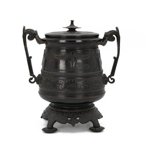 378 - Regency bronze censer with lid and brass liner. The urn-shaped body adorned with swags and interwove... 