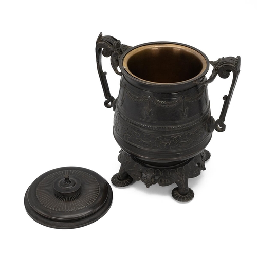 378 - Regency bronze censer with lid and brass liner. The urn-shaped body adorned with swags and interwove... 