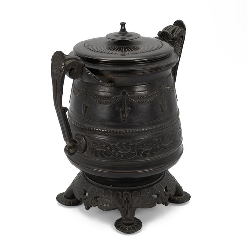 378 - Regency bronze censer with lid and brass liner. The urn-shaped body adorned with swags and interwove... 