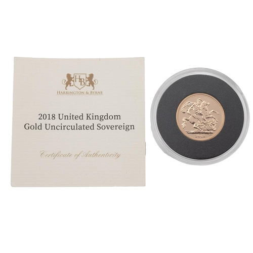 38 - A 2018 uncirculated full gold sovereign, in a plastic presentation case and a Harrington & Byrne cer... 