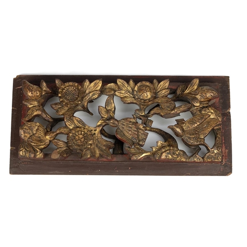 383 - Small Antique Chinese wooden panel. Fretwork and carved images of birds and foliage with painted and... 