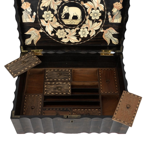 384 - Mid 19th Century Anglo-Ceylonise Coromandel work box of rectangular forum with scalloped edges. The ... 