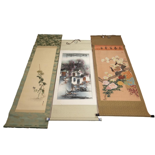 385 - A group of three oriental paintings, to include: a Chinese traditional ink painting hanging scroll w... 