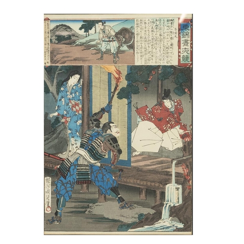 386 - Two Japanese  framed and glazed woodblock on silk prints, oban triptyque. One depicting a couple in ... 