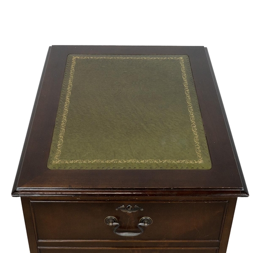 392 - Vintage mahogany filing cabinet with green leather top and three pull out filing drawers below. H 11... 