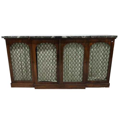 398 - Regency rosewood break front sideboard with green marble top over four gilt metal fretwork doors wit... 