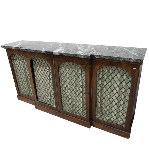 398 - Regency rosewood break front sideboard with green marble top over four gilt metal fretwork doors wit... 