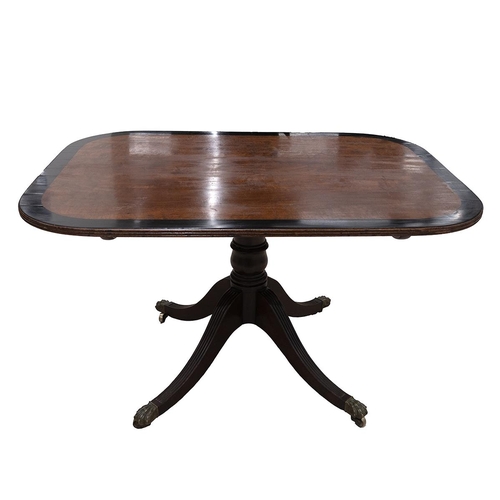 403 - Regency mahogany tilt top breakfast table c1820s. Rectangular top with wide ebony band, single balus... 