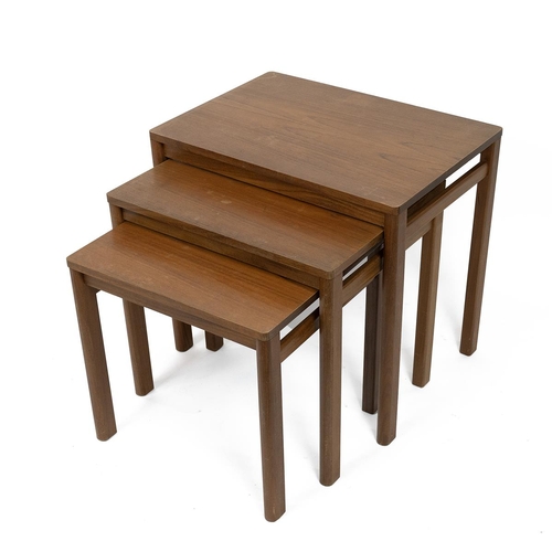 405 - Mid Century nest of three graduated teak coffee tables. Rectangular tops on simple legs and side str... 