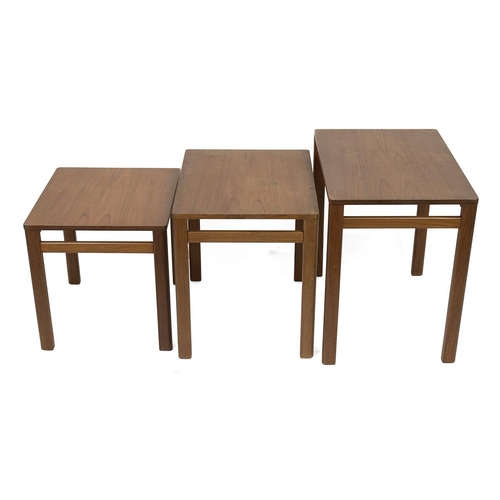 405 - Mid Century nest of three graduated teak coffee tables. Rectangular tops on simple legs and side str... 