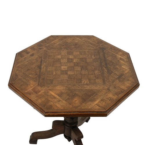 409 - 19th Century French oak hexagonal occasional table with parquetry top with inlayed chessboard, raise... 