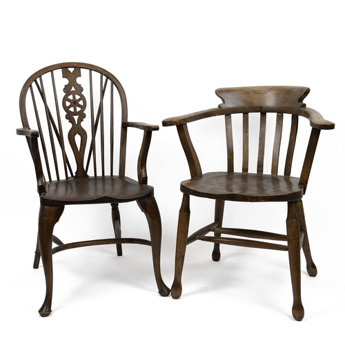 416 - Early 20th Century country arm chairs to include a Captain's chair in elm and beach of usual form wi... 