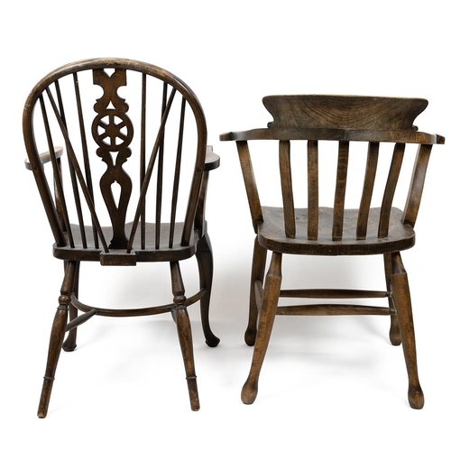 416 - Early 20th Century country arm chairs to include a Captain's chair in elm and beach of usual form wi... 