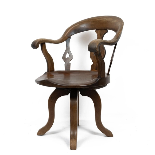 418 - Mid Victorian elm and beech swivel office chair with slatted back the lyre shaped slats pierced with... 