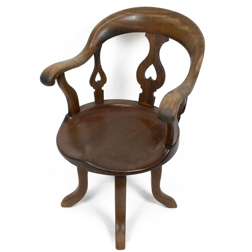 418 - Mid Victorian elm and beech swivel office chair with slatted back the lyre shaped slats pierced with... 