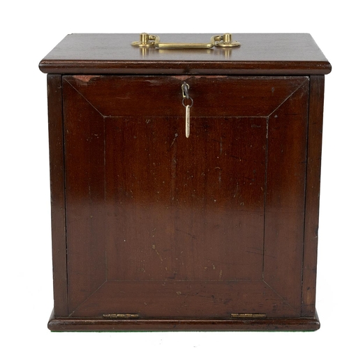 421 - Early 20th Century mahogany coin collector's cabinet with brass carrying handle and hinged door to f... 