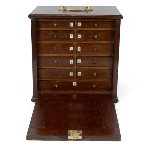 421 - Early 20th Century mahogany coin collector's cabinet with brass carrying handle and hinged door to f... 