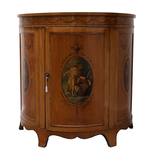 422 - Early 20th Century Sheraton Revival Yew Wood demi lune cabinet with hand painted panels and door ope... 