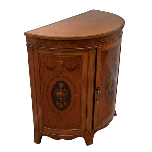 422 - Early 20th Century Sheraton Revival Yew Wood demi lune cabinet with hand painted panels and door ope... 