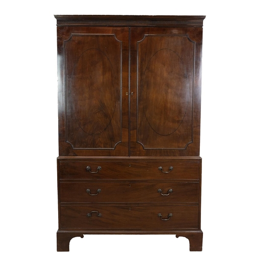 424 - Georgian flame mahogany linen press, three drawers, with swan neck brass handles below cabinet with ... 