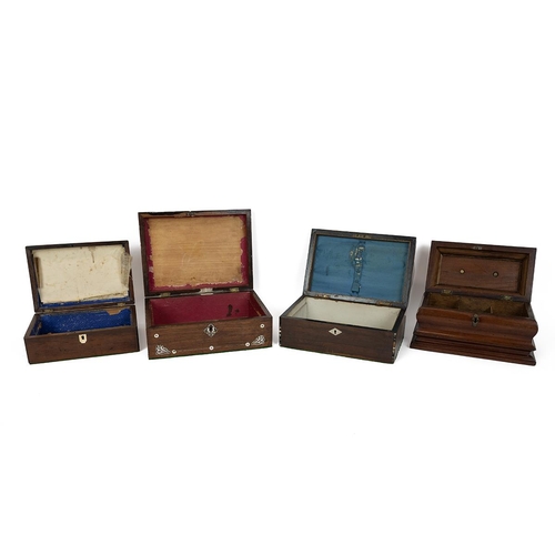 429 - Four 19th Century wooden boxes of various sizes with mahogany and oak examples, two with mother of p... 