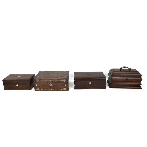 429 - Four 19th Century wooden boxes of various sizes with mahogany and oak examples, two with mother of p... 