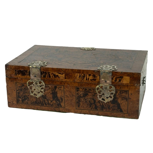 430 - 19th Century Anglo-Indian burr Walnut box with pierced brass fittings and stylised motif to lid. Wit... 