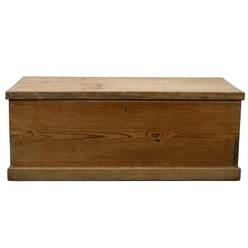 431 - Victorian polished pine flat topped blanket box with hinged lid opening to reveal a candle box, bras... 