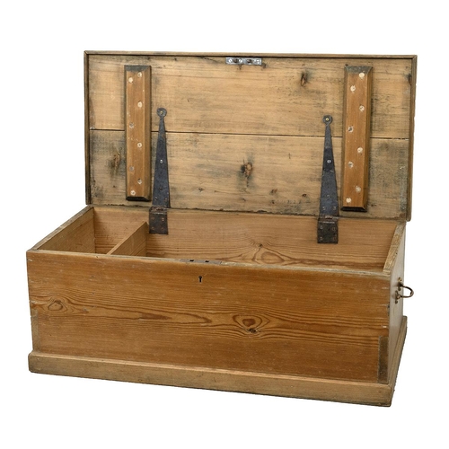 431 - Victorian polished pine flat topped blanket box with hinged lid opening to reveal a candle box, bras... 