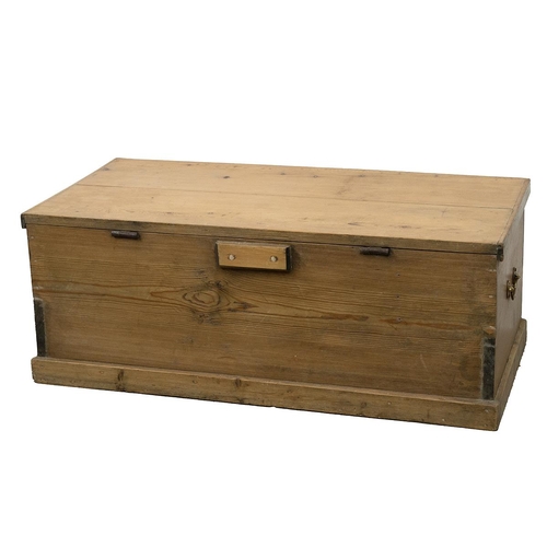 431 - Victorian polished pine flat topped blanket box with hinged lid opening to reveal a candle box, bras... 