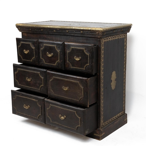 435 - Anglo-Indian small hardwood chest of drawers with extensive brass detailing. Three small drawers wit... 