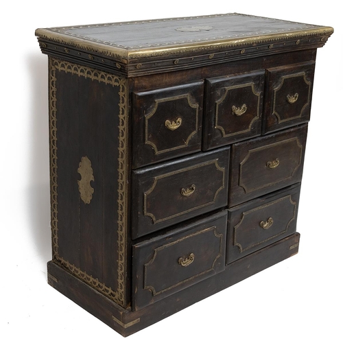 435 - Anglo-Indian small hardwood chest of drawers with extensive brass detailing. Three small drawers wit... 